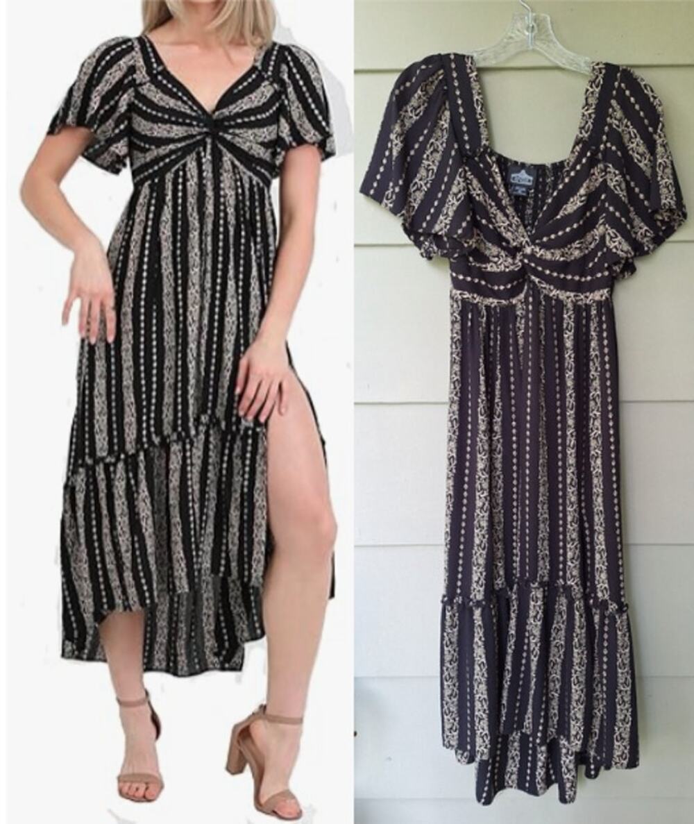 Angie Cottage Casual Ruffle Flutter Sleeve Midi Dress Black Beige Floral Size XL